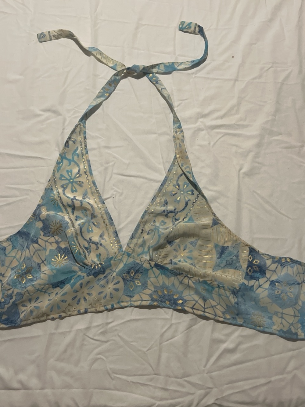 Light Blue & Cream Halter Tank Top with Gold Accent